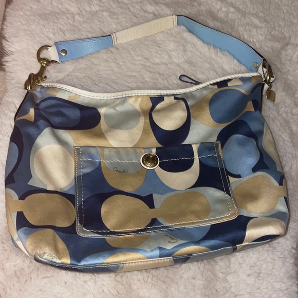 Coach signature blue scarf print hobos, blue and tan - Picture 1 of 6